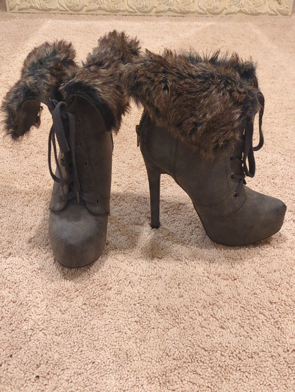 JustFab Gray Faux Fur Lace-Up Stiletto Ankle Boots